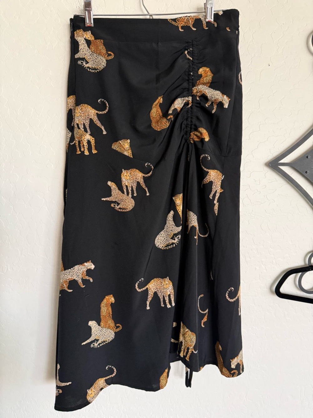 SHEIN Black Midi Skirt with Gold & Cream Leopard Print- Side Cinch Slit - Small